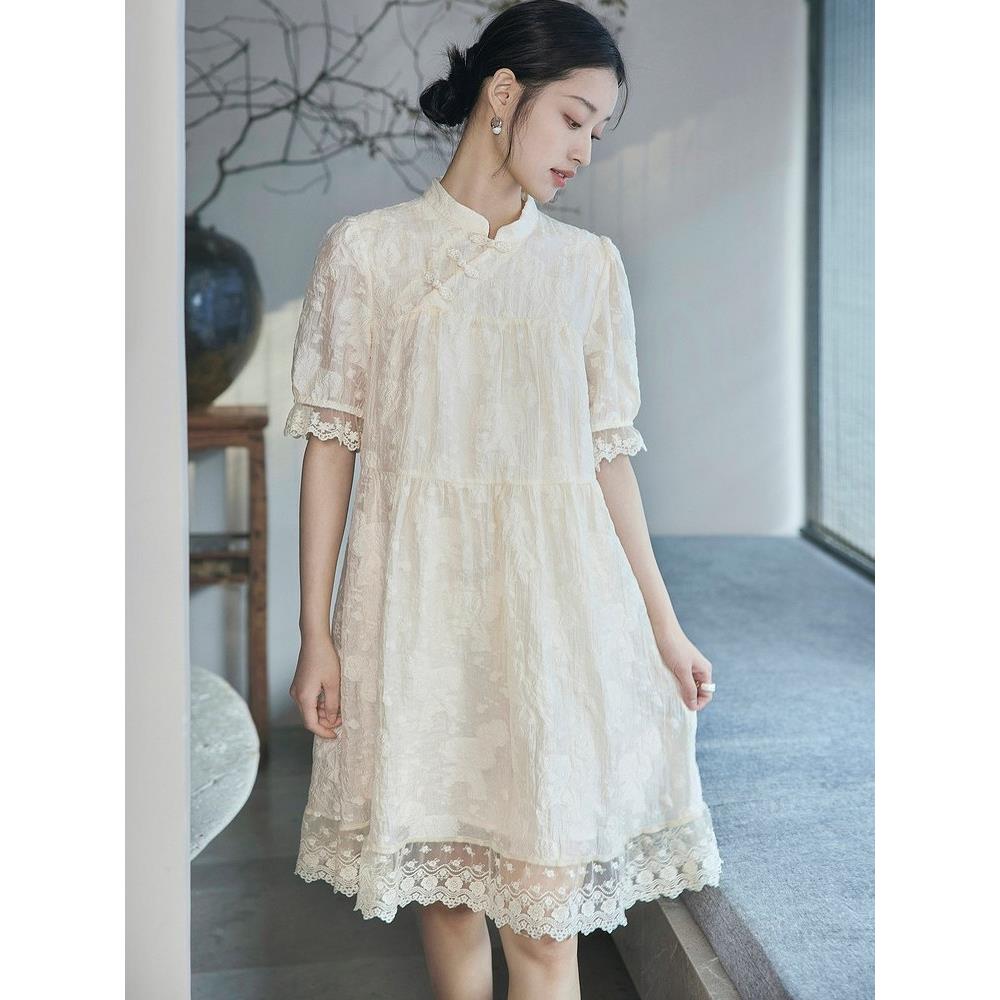 品牌剪标新中式连衣裙女装2026夏季新款小个子设计感提花中长裙子