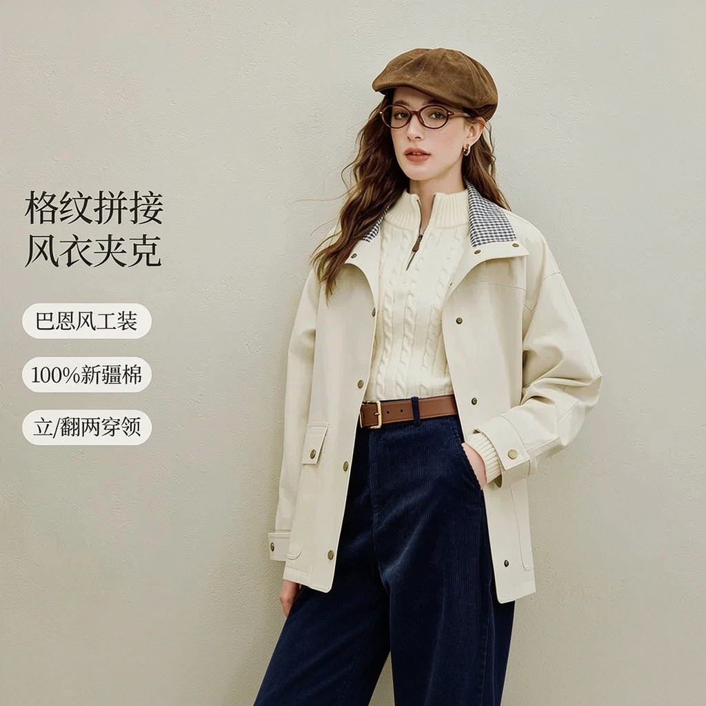品牌清仓法式立领格纹工装外套女2026年春季新款宽松中长白色风衣