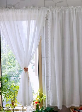 白色蕾丝门帘装饰飘窗窗帘厨房短门帘客厅隔间帘半遮光穿杆花边纱