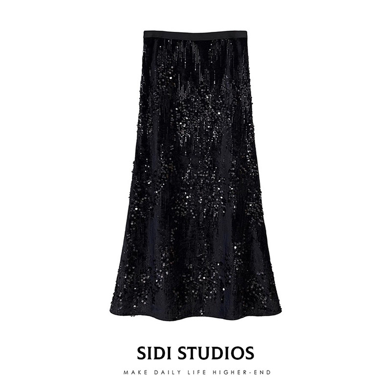 亮片半身裙女秋冬黑色半裙丝绒珠片绣修身鱼尾长裙高腰气质裙子