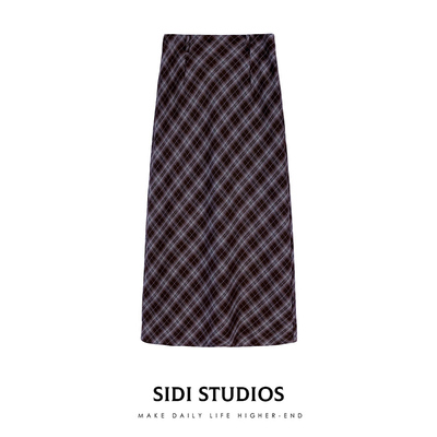 咖色毛呢半身裙格子半裙长款