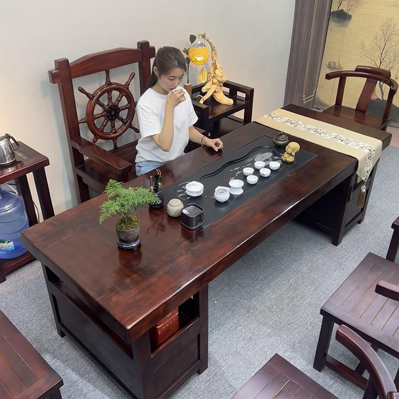 老船木办公室储物茶台o商铺泡茶全实木茶桌椅组合客厅茶室抽屉茶