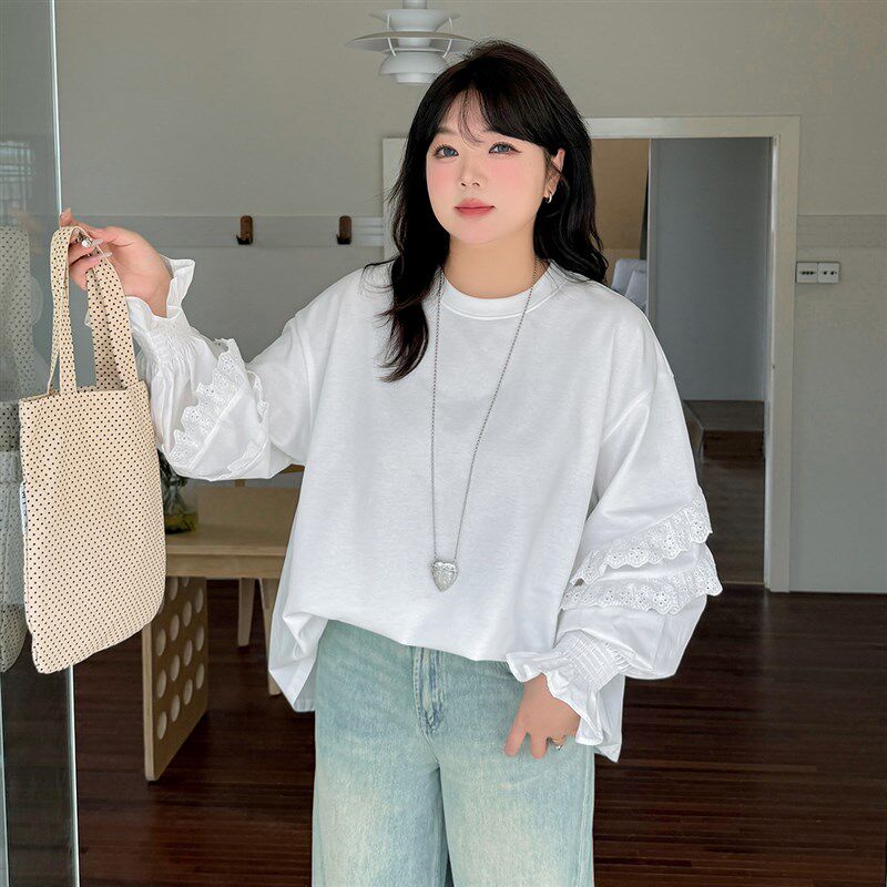 白色T恤b女长袖2025春季新品特大码宽松内搭落肩袖亲肤打底衫女款