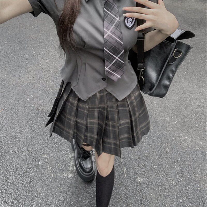 学院风jk制服套装女美式辣妹收腰衬衫+格纹百褶T裙日系校服两件套