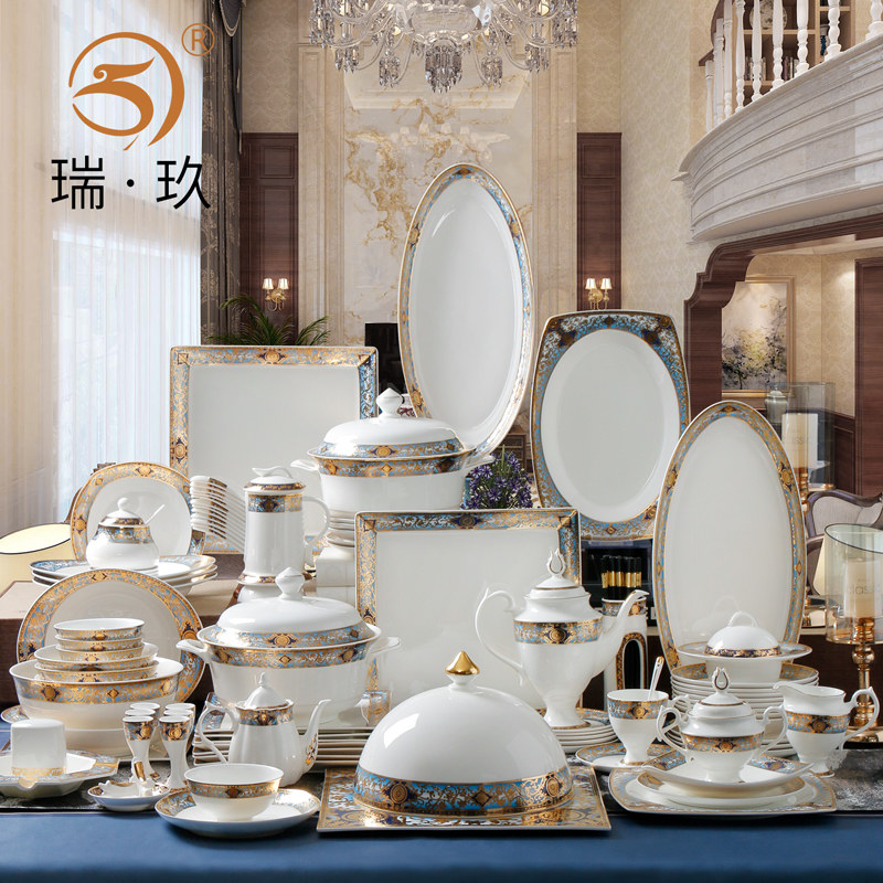 欧式浮雕金168头骨瓷餐具w套装酒具咖啡具成套骨质瓷碗盘宴会餐具
