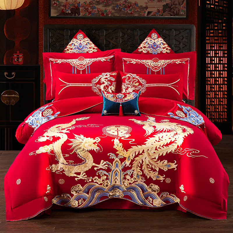 婚庆四件套大红刺绣龙凤结t婚房礼六件套床上用品喜庆新婚被套绣,床上用品,婚庆床品套件,淘宝优惠券,粉丝福利购,淘宝优惠卷