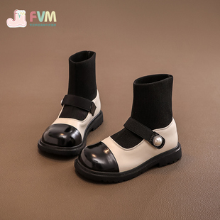 女童鞋子儿童公主小皮鞋2023秋冬新款马丁短靴子冬季加绒袜靴黑色