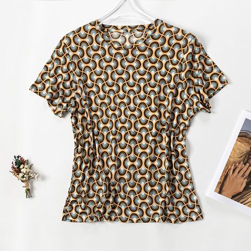 真丝圆领短袖T恤女2024秋绢丝印花宽松大码真丝上衣小个子体恤衫