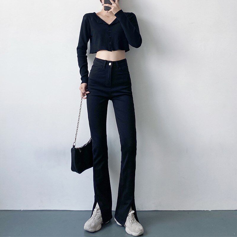 春季新款高腰弹力开叉微喇叭黑色加绒牛仔裤女显瘦加长拖地裤子潮