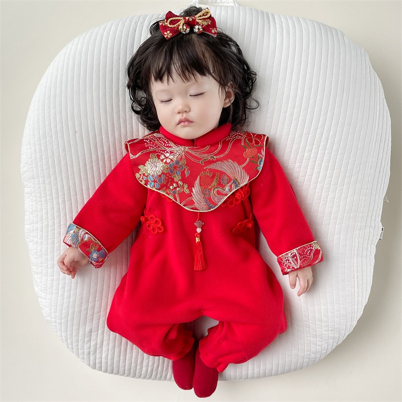 婴儿过年加绒冬装新生女宝宝连身衣汉服拜年服百天周岁礼服爬爬服