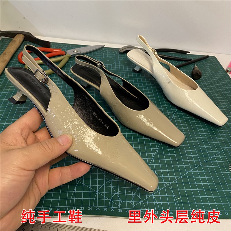 手工头层真皮后绊带小方头后空中跟包头凉鞋女夏小猫跟软皮奶奶鞋