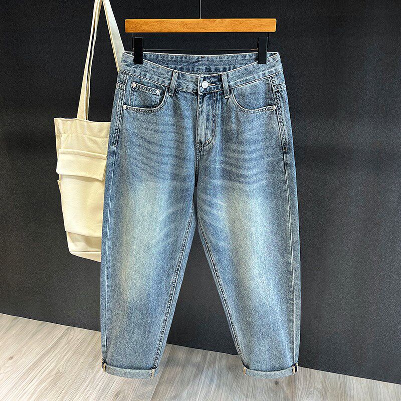 春夏薄款蓝色牛仔裤男士美式复古潮牌宽松直筒九分裤子锥形哈伦裤
