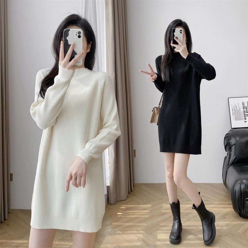 长袖针织毛衣连衣裙女配大衣2024秋冬新款小个子宽松内搭打底毛衣