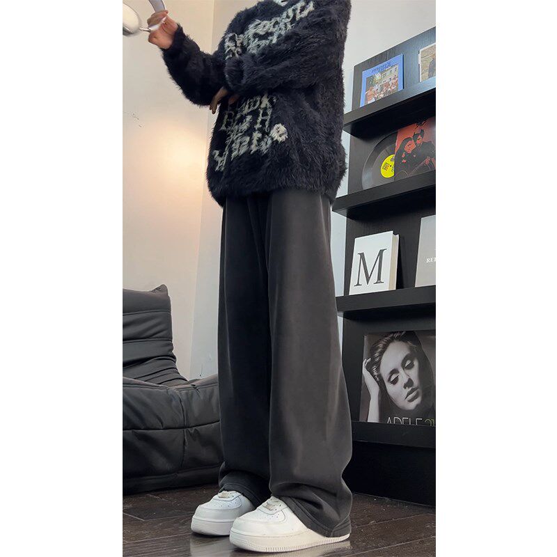 水洗做旧弯刀卫裤男秋冬直筒宽松垂坠感阔腿裤慵懒风美式运动裤子