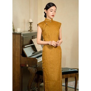 良辰媄锦【霁月】黄色亚麻包肩袖长旗袍复古文艺日常立领连衣裙女