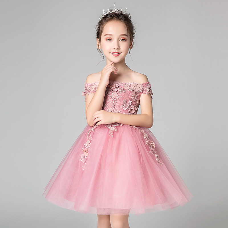 一字肩儿童晚礼服公主裙女童生日走秀小女孩花童钢琴演出服高贵夏