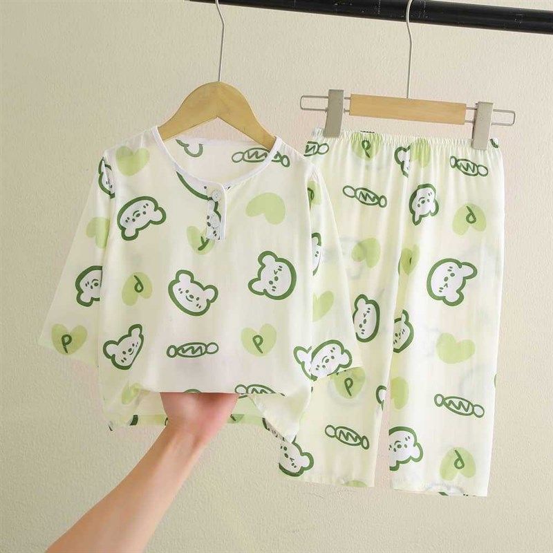 婴儿夏天长袖棉绸睡衣薄款0一1岁分体套装绵绸3女宝宝5男童空调服