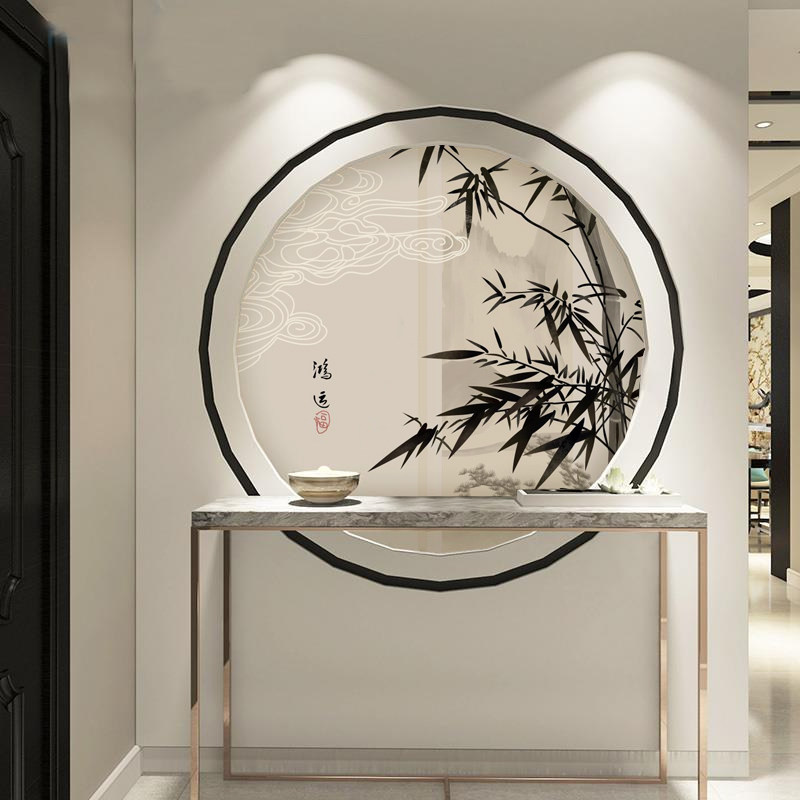 新中式圆形画芯餐厅玄关背景墙装饰画茶室禅意花鸟画竹子墙纸壁画
