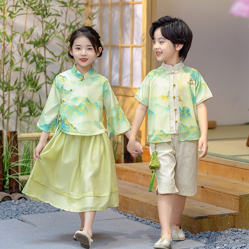 男女童时尚新中式国风短袖汉服套装夏季六一儿童节表演出服装两件