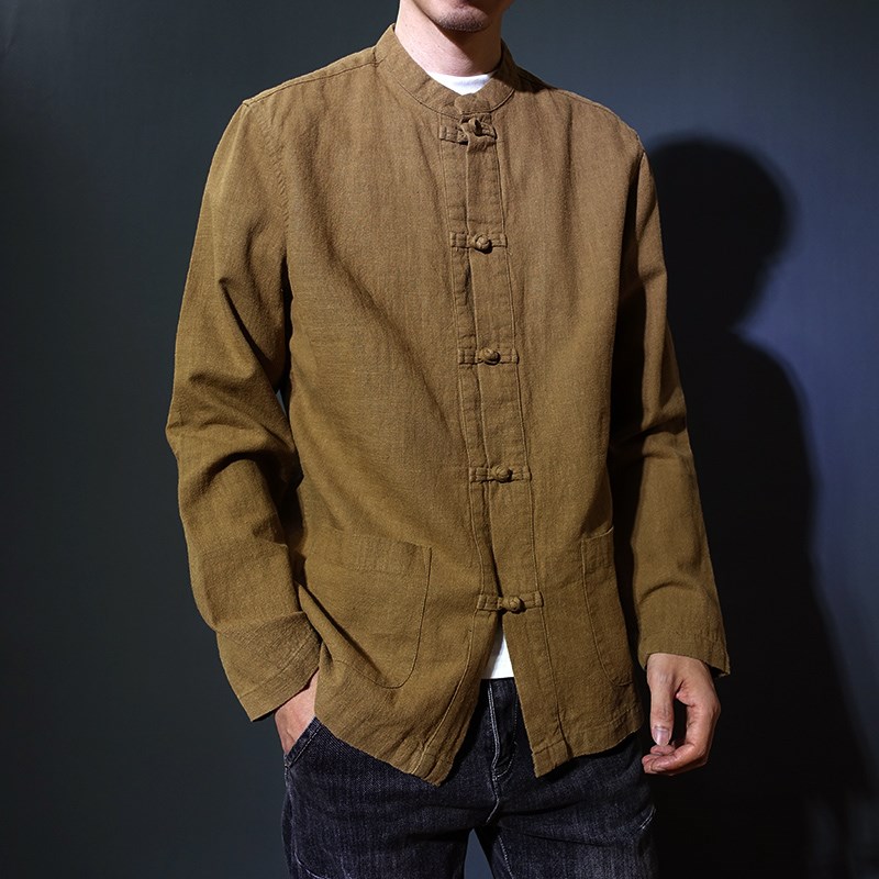 中国风唐装男宽松棉麻长袖衬衫立领盘扣茶服衬衣中山装苎麻禅服潮