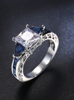 日韩流行时尚 镶宝蓝水晶几何形锆石戒 单身男女潮人气质求婚戒指