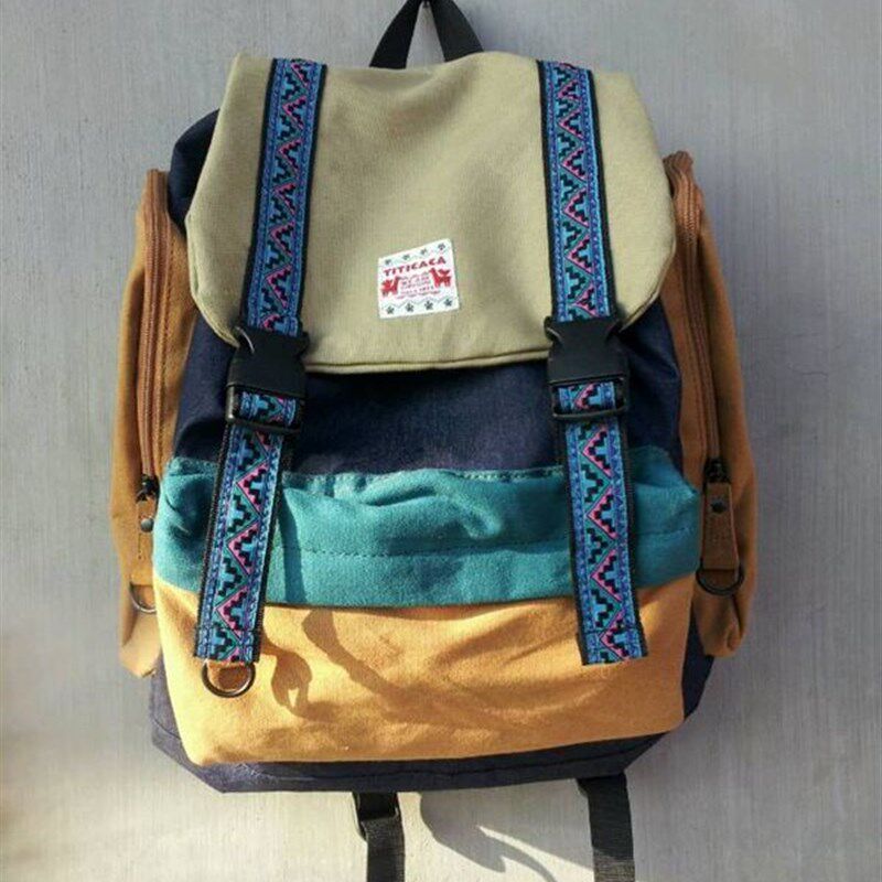 森系撞色背包民族风拼色学院风小清新旅游包