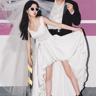 法式白色前短后长缎面晨袍领证旅拍轻婚纱宴会迎宾出门纱晚礼服裙