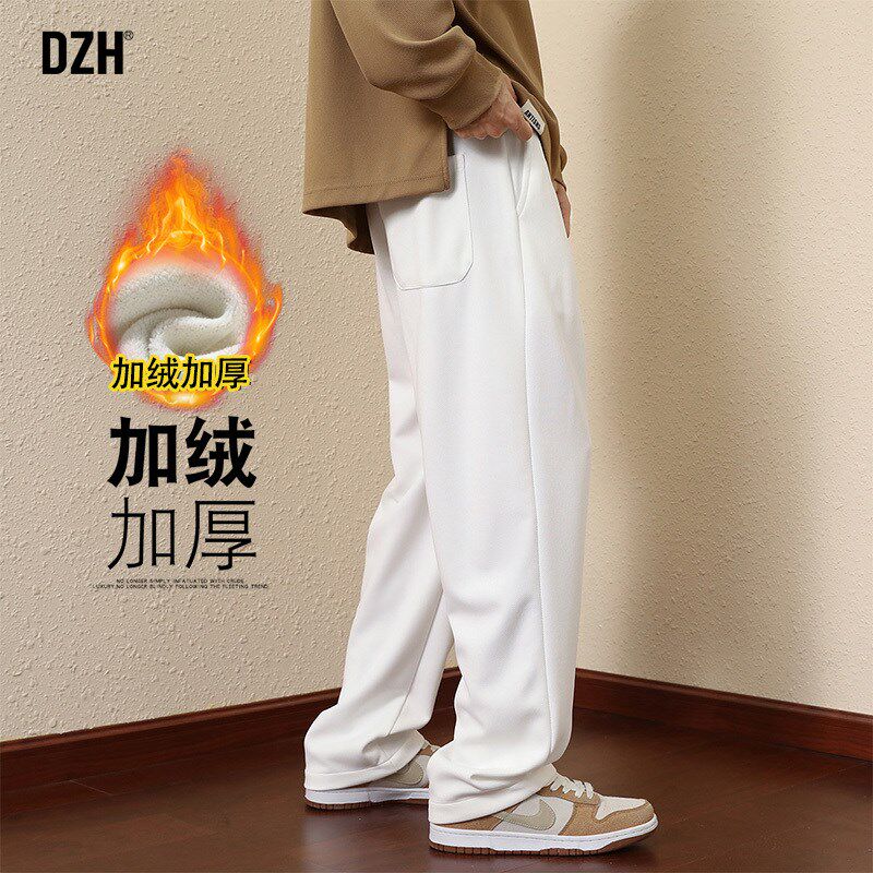男士白色加绒卫裤男冬季直筒裤2025新款休闲裤运动裤加绒裤保暖裤