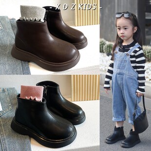 女童靴子真皮儿童宝宝小短靴2024秋冬新款加绒二棉皮靴男童马丁靴