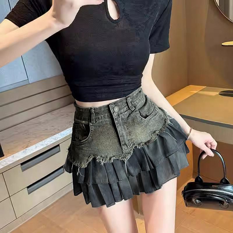 辣妹风拼接牛仔半身裙女夏季设计感复古包臀A字裙蛋糕裙百褶短裙