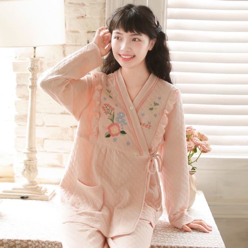 和服睡衣女秋冬季开衫纯棉空气层日式系带甜美三层保暖家居服套装