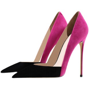 女神气质款~ 玫红色黑色拼色尖头细跟高跟鞋 浅口女鞋低帮鞋单鞋