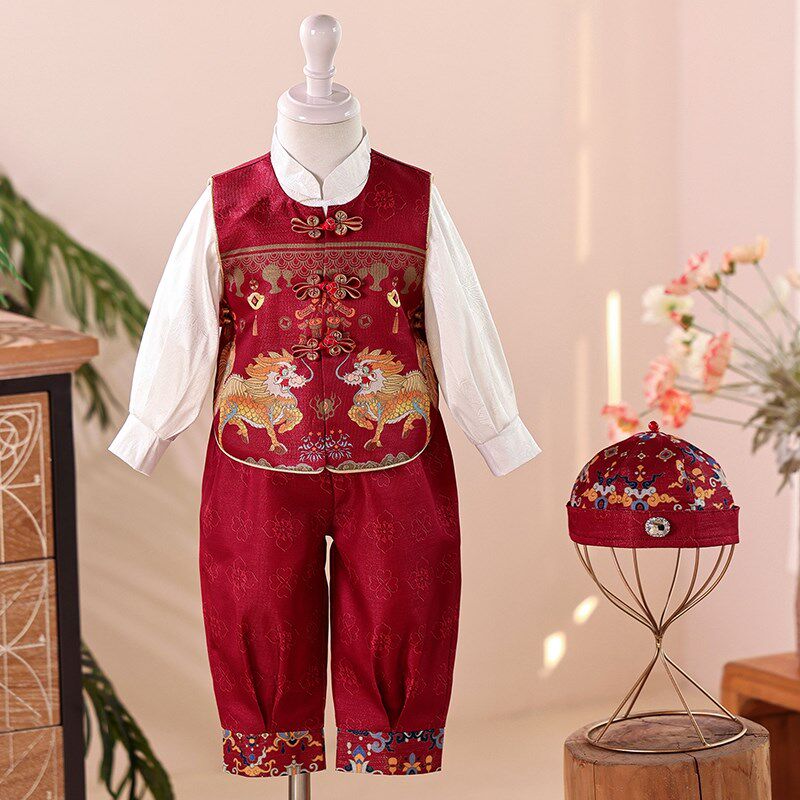 周岁礼服男宝宝春秋男童新中式国风抓周冠衣儿童汉服红色唐装套装