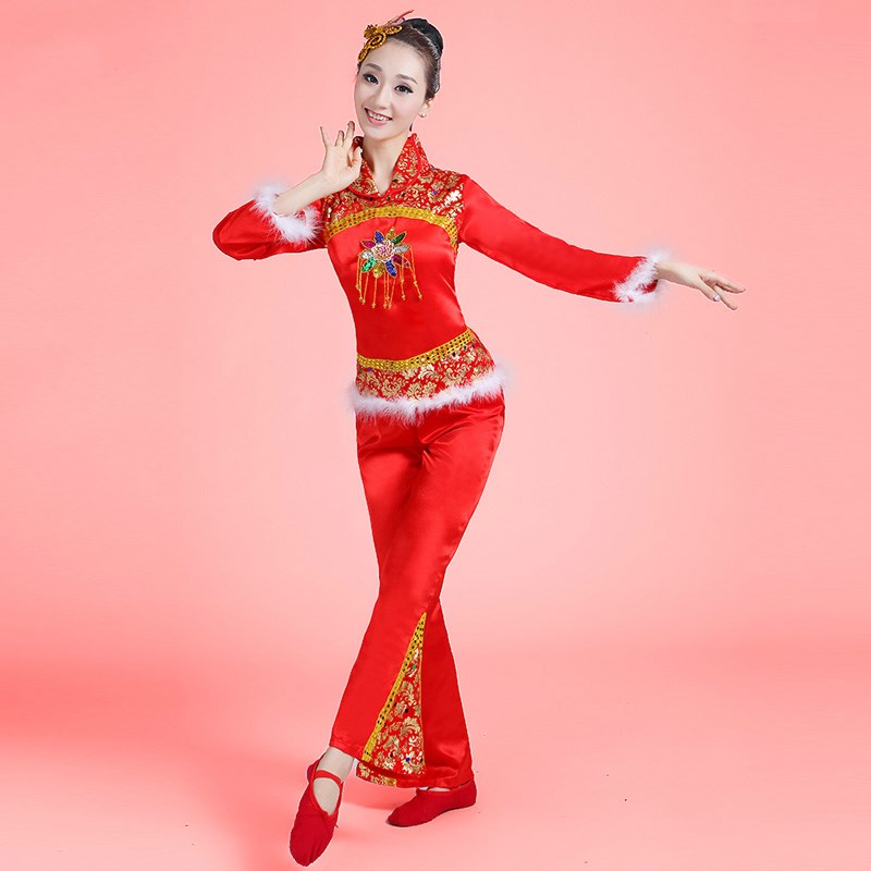 2021新款开门红秧歌舞蹈演出服女中老年广场舞腰鼓民族扇子舞服冬