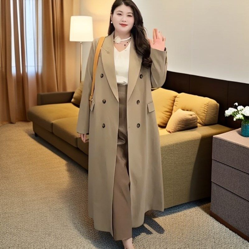 胖mm大码女装长款高级西装风衣外套200斤高个子宽松显瘦过膝大衣