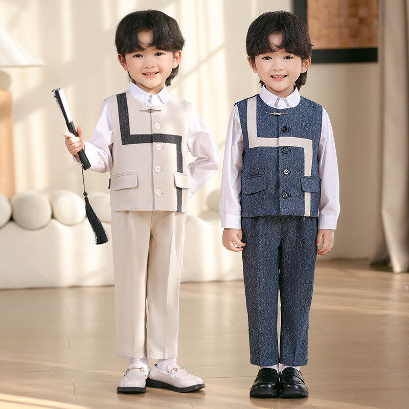 儿童西装礼服春夏款男童英伦绅士花童演出服男孩周岁生日马甲套装
