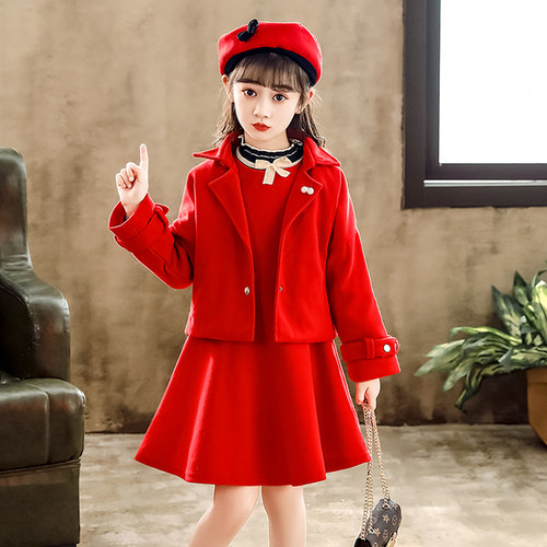 女童洋装秋冬款2022冬装新款儿童公主裙冬季新年过年套装裙子冬