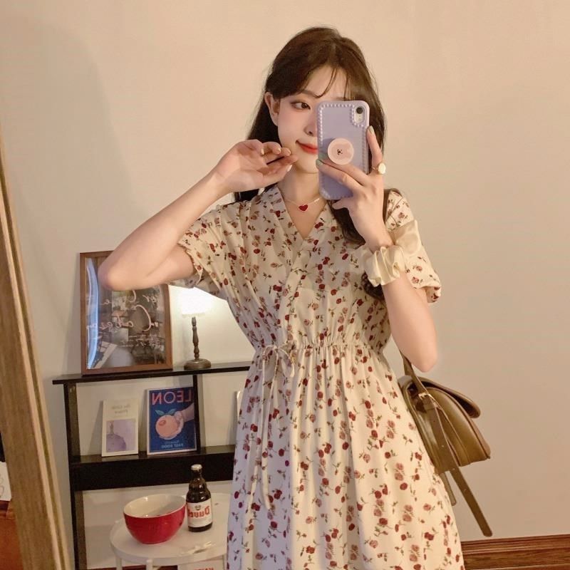 温柔风大码碎花雪纺连衣裙仙女胖妹妹收腰遮肚子显瘦中长款裙夏季