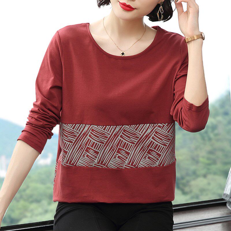 2024春装新款妈妈纯棉长袖t恤女 胖mm宽松大码上衣打底衫秋衣外穿