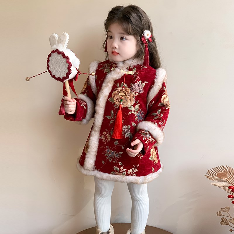 女童加绒新年旗袍裙秋冬2024新款富贵儿童冬季汉服拜年服连衣裙子