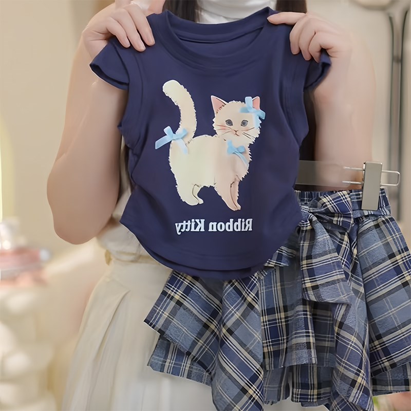 女童猫咪短袖套装夏季无袖T恤洋气不规则格子裙裤跳舞短裤两件套