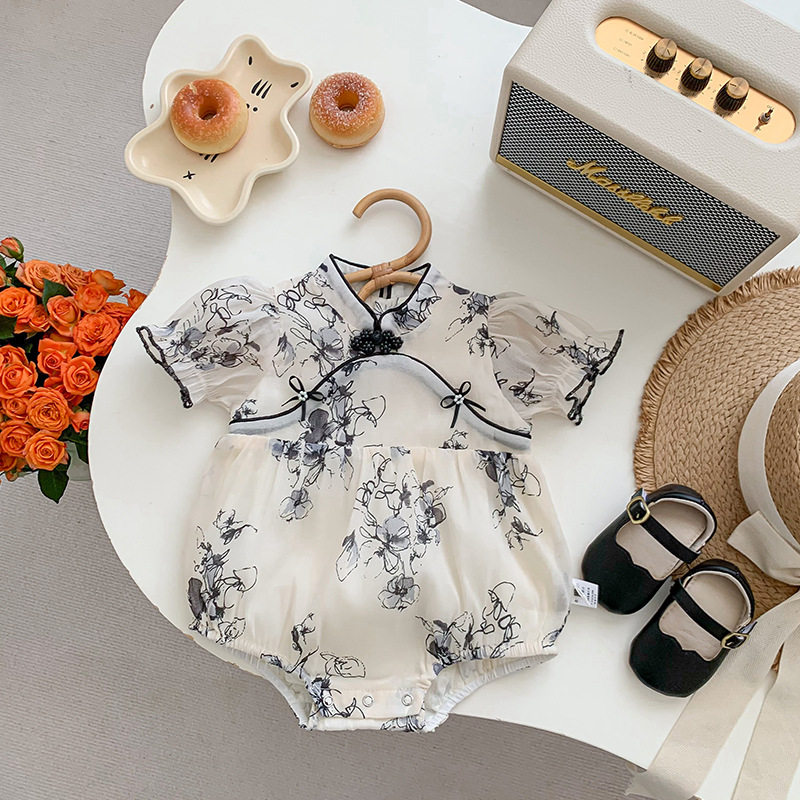 婴儿旗袍连体衣夏装唐装汉服三角哈衣女宝宝满月百天周岁公主礼服