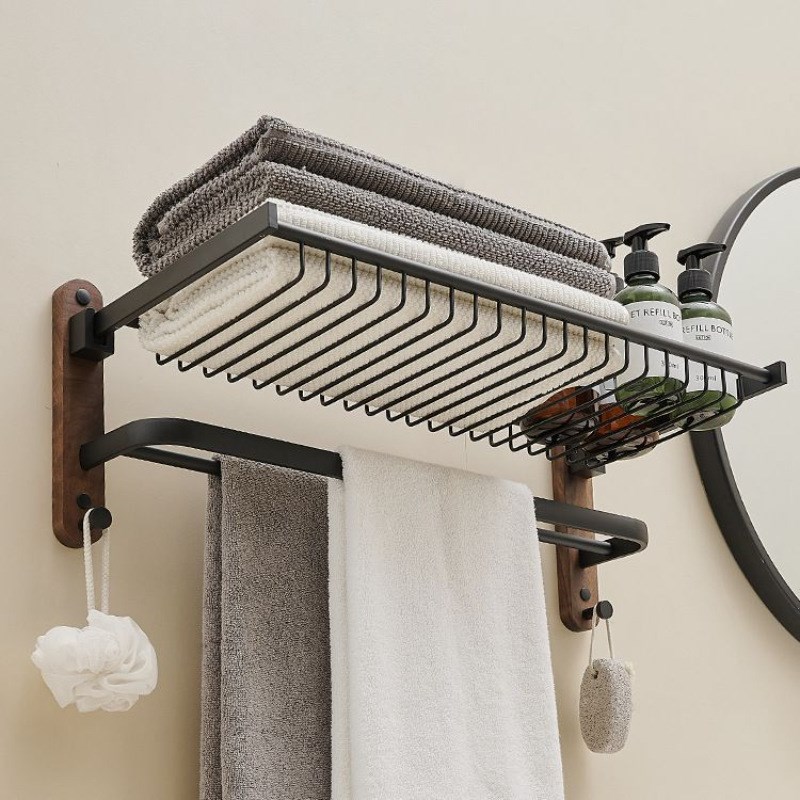 胡桃木卫生间置物架洗浴室免打孔壁挂式可折叠毛巾浴巾架收纳神器