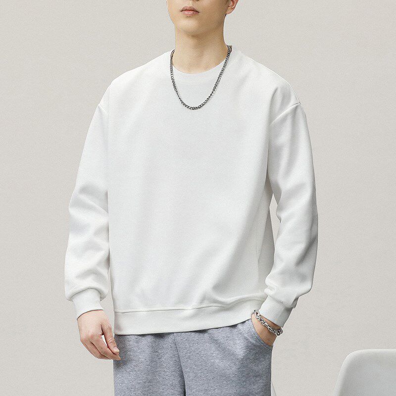 白色秋季新款圆领卫衣男生潮流美式高街痞潮牌帅宽松纯色长袖上衣