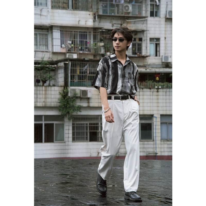 何记港风/复古水墨衬衫男 夏季宽松短袖百搭休闲小众花衬衣