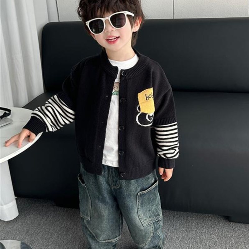 儿童春秋季毛衣三件套2025新款韩版男童洋气牛仔裤套装宝宝衣服潮