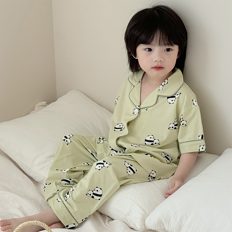 儿童睡衣春夏季薄款翻领纯棉男童空调服女宝宝开衫家居服防蚊套装