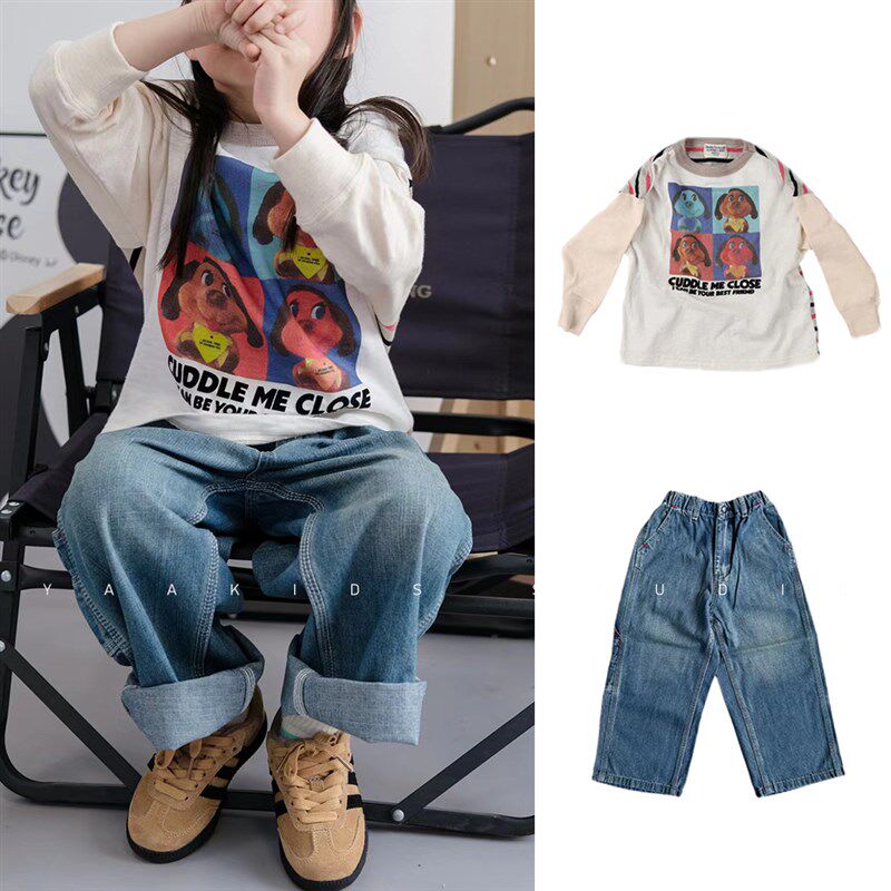 春夏儿童T恤日系条纹拼接狗狗竹节棉男女童长袖打底衫上衣休闲潮