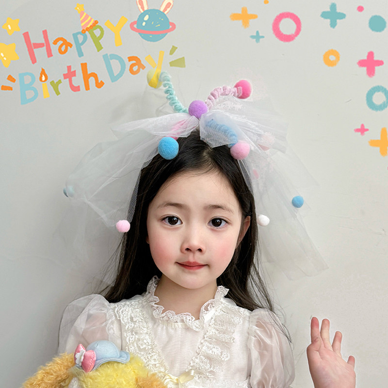 儿童生日头纱发夹网纱彩色毛球扭扭棒发卡弹簧夹个性大号表演头饰