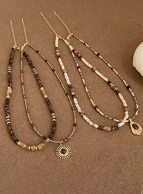 美拉德风多层叠戴天然石串珠项链女小众复古个性百搭颈链锁骨链